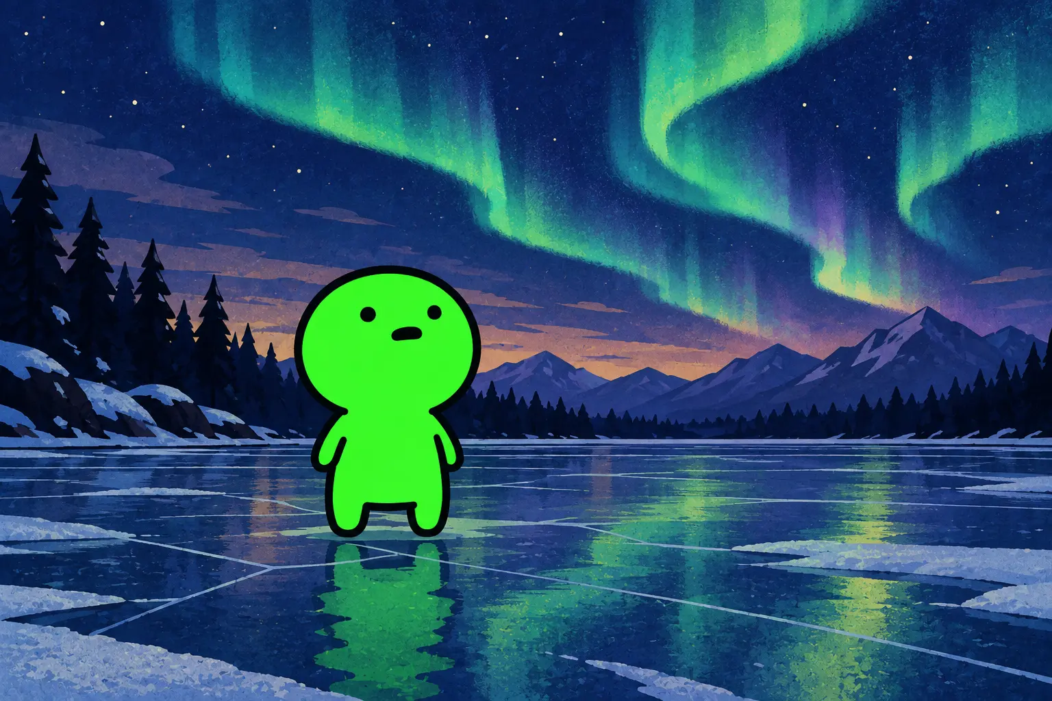 Greenie standing on a frozen lake beneath the northern lights