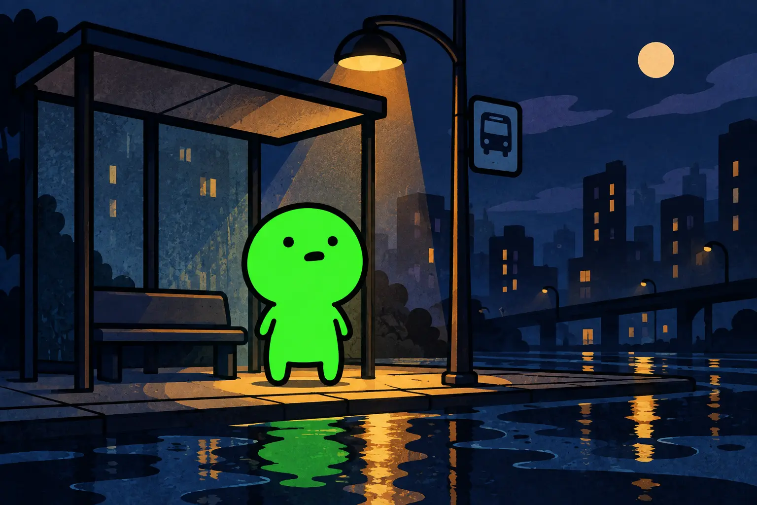 Greenie waiting alone at a rainy bus stop at night