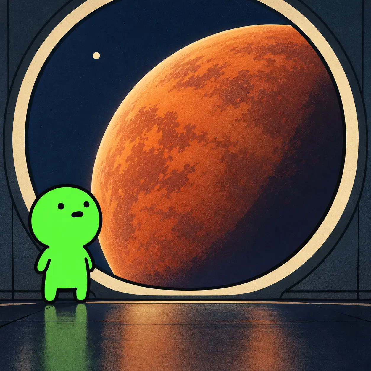Greenie facing a giant orange planet through a round window