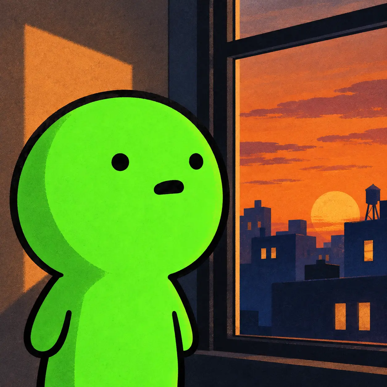 Greenie watching an orange sunset through a city window