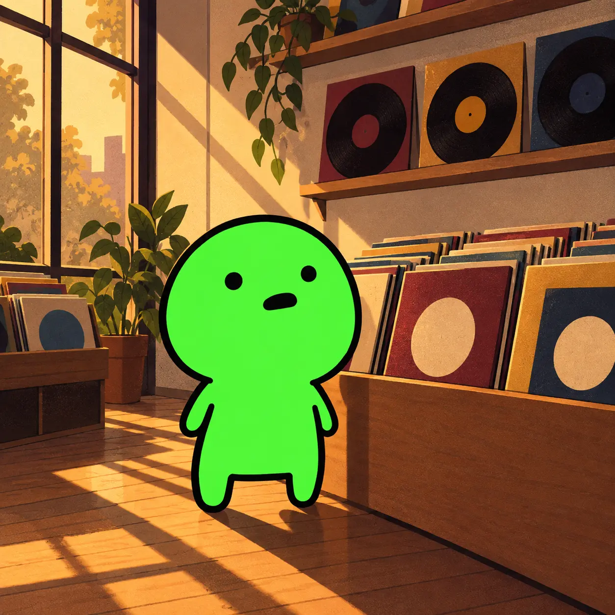 Greenie browsing records in a sunlit music shop