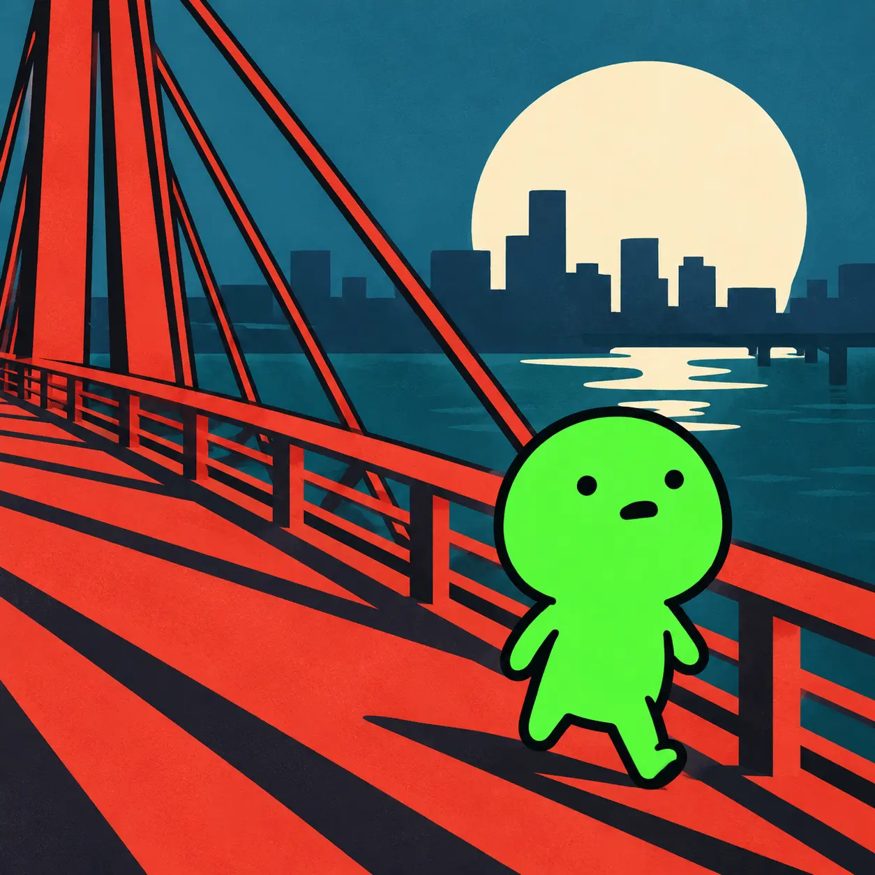 Greenie walking alone across a red bridge at sunset