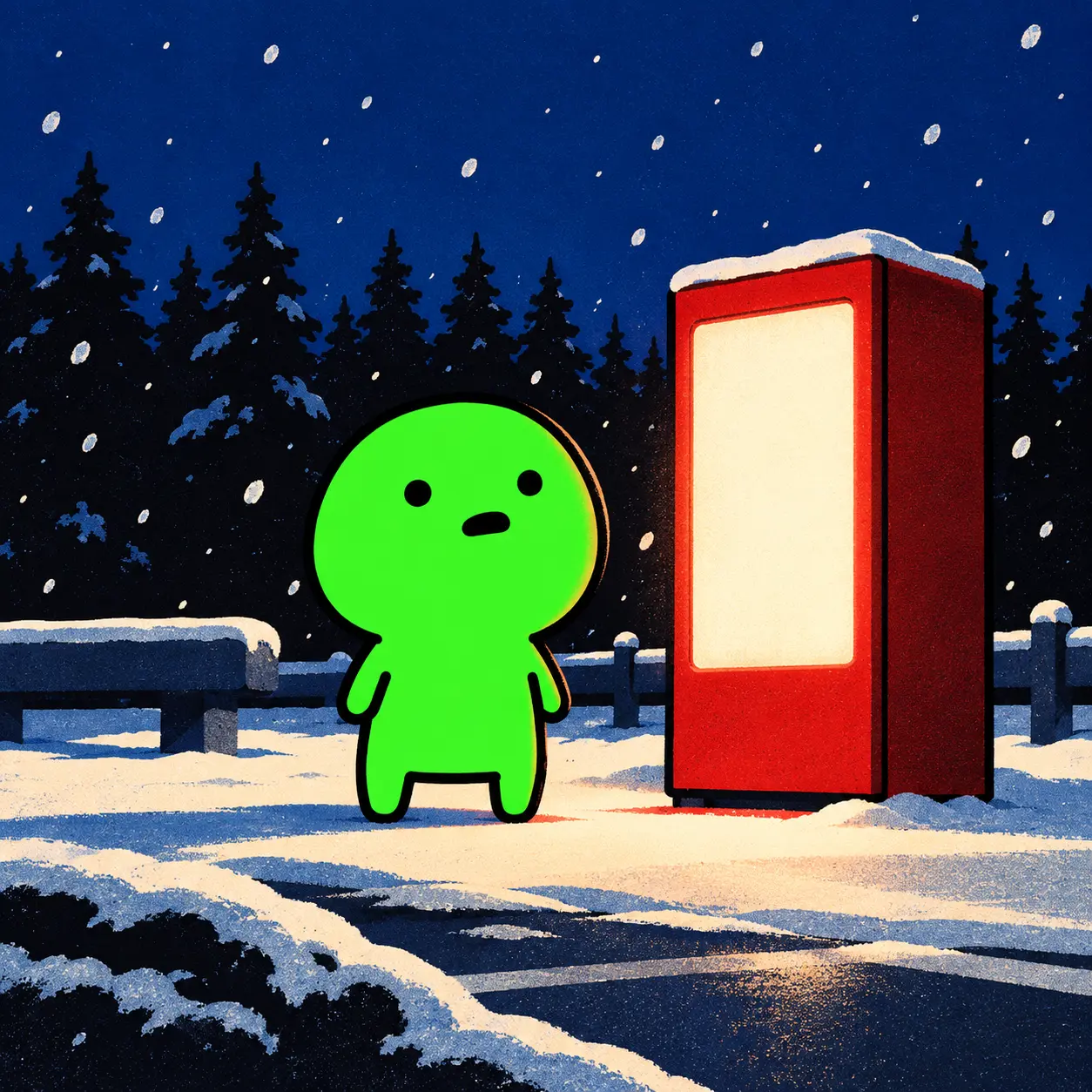 Greenie beside a glowing red phone box in the snow