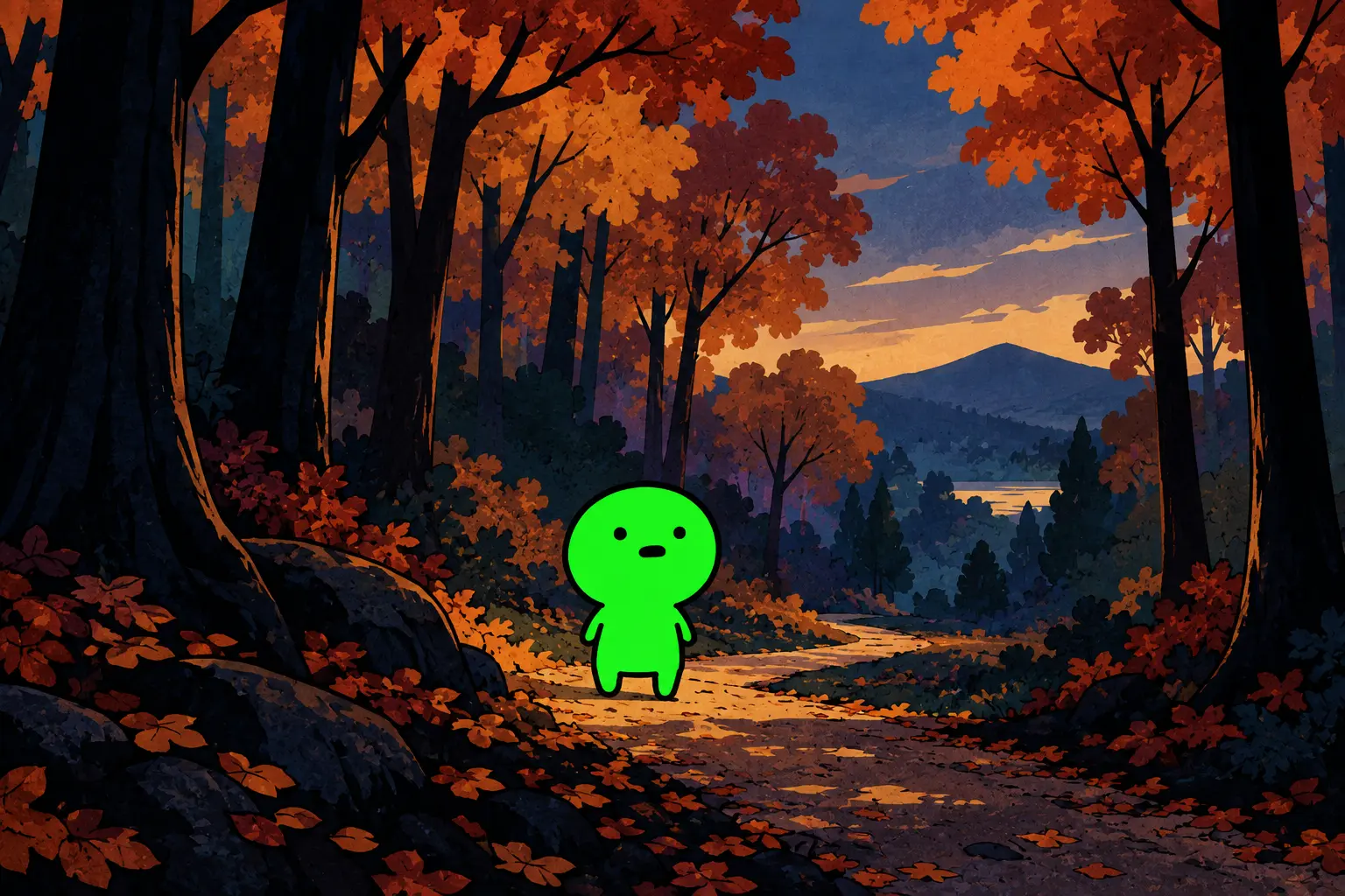Greenie on a path through a dark autumn forest