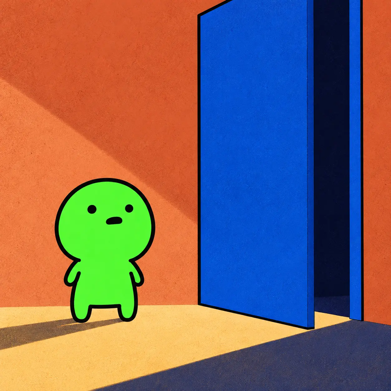 Greenie standing beside a tall open blue door