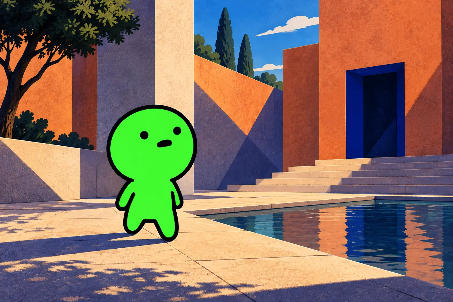 Greenie beside a pool and a blue doorway